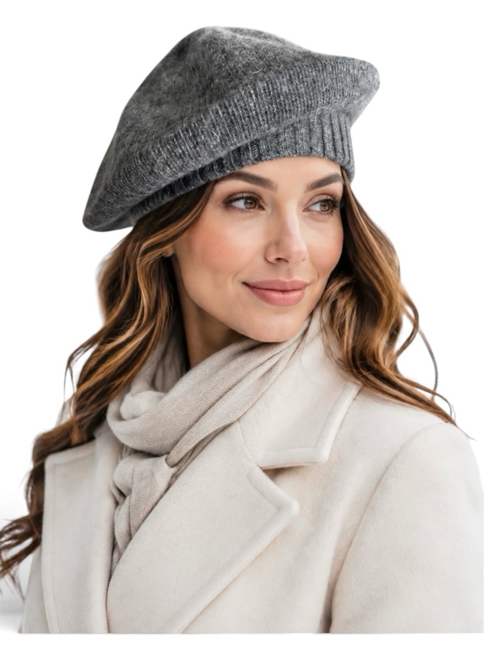 Portolano Women’s 100% Cashmere Heathered Charcoal Gray Knit Beret Hat NWOT
